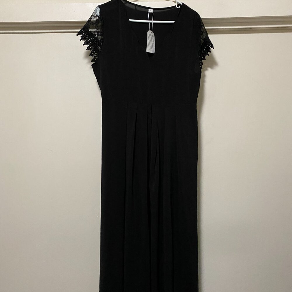 NWT - Black, simple & light maxi dress w/short lace sleeves, size L